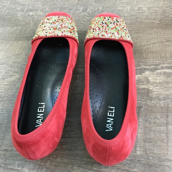 Vaneli Red Suede Multi Color Rhinestone Flats- 8N - Picture 4 of 8